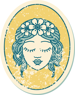 İkonik sıkıntılı dövme stili bir insan tarafından çizilmiş gözleri olan bir kızın resmi.