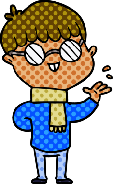 Bir insan tarafından çizilmiş gözlük takan çizgi film çocuğu.