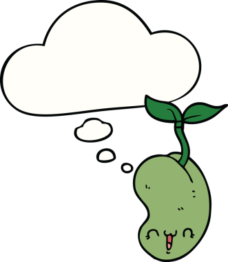 Bir insan tarafından çizilmiş düşünce baloncuğuyla filizlenen sevimli çizgi film tohumları.