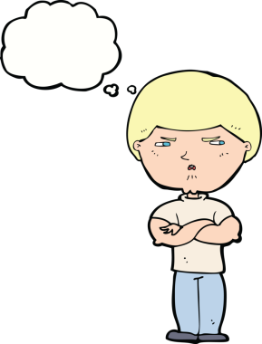 Bir insan tarafından çizilmiş düşünce kabarcığı olan huysuz bir çizgi film karakteri.