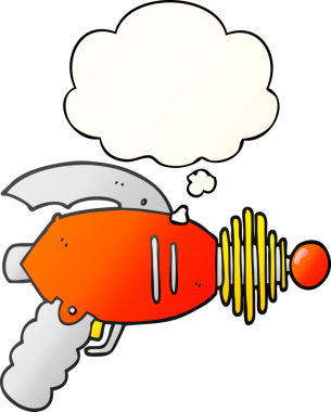 Düşünce baloncuklu karikatür ışın tabancası bir insan tarafından çizilmiş.