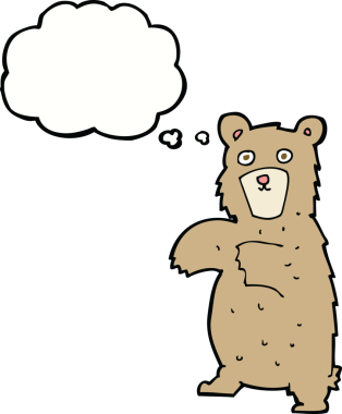 Bir insan tarafından çizilmiş düşünce baloncuklu çizgi film ayısı.