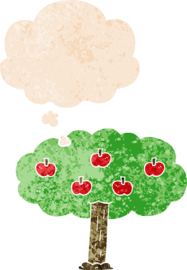 Düşünce baloncuğu ile çizgi film elma ağacı grunge sıkıntılı retro desen bir insan tarafından çizilmiş