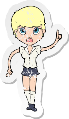 Bir insan tarafından çizilmiş, karikatürlü, kederli, güzel bir kadının retro yapıştırması.