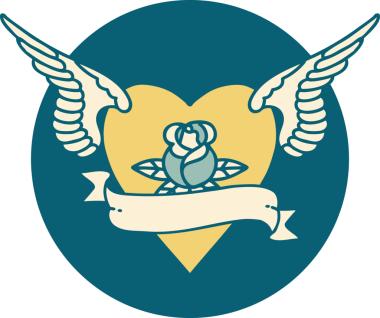 Kanatlı kalbin ikonik dövmesi. Bir insan tarafından çizilmiş gül ve bayrak.