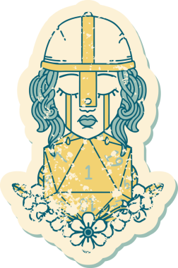 Ağlayan bir insan dövüşçüsünün grunge çıkartması. Bir insan tarafından çizilmiş doğal bir D20 ruloyla.