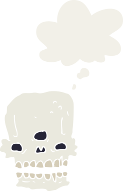 Düşünce baloncuğu olan, bir insan tarafından çizilmiş garip bir kafatası.