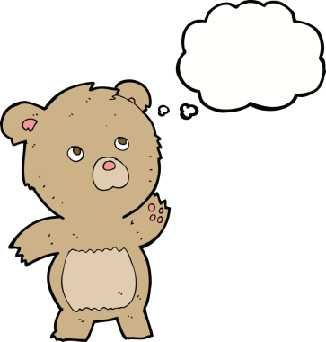 Bir insan tarafından çizilmiş düşünce baloncuklu meraklı oyuncak ayı.