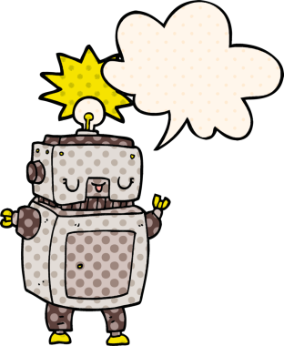 Bir insan tarafından çizilmiş çizgi roman tarzında konuşma balonu olan çizgi film robotu.