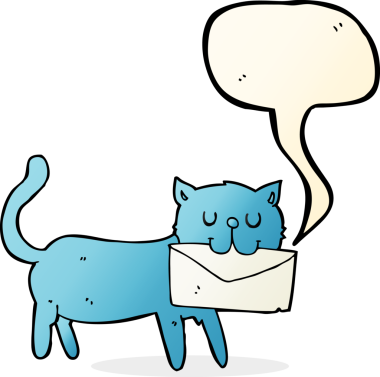 Bir insan tarafından çizilmiş konuşma balonlu bir mektup taşıyan çizgi film kedisi.