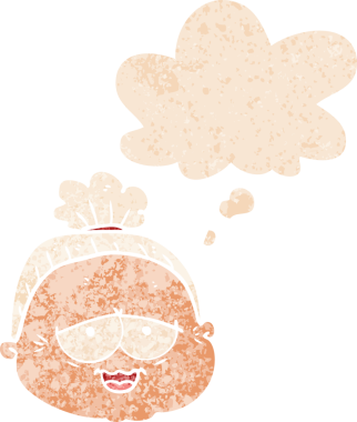 Düşünce baloncuklu yaşlı bir kadın grunge dertli eski moda bir insan tarafından çizilmiş