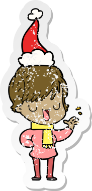 Bir insan tarafından çizilmiş Noel Baba şapkasıyla konuşan bir kadın.