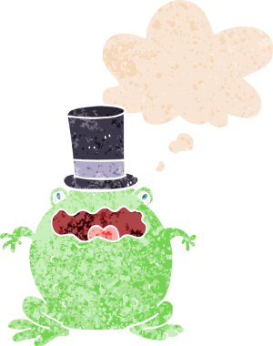 Düşünce baloncuklu silindir şapka takan karikatür karakurbağası bir insan tarafından çizilmiş dertli retro tarzı.