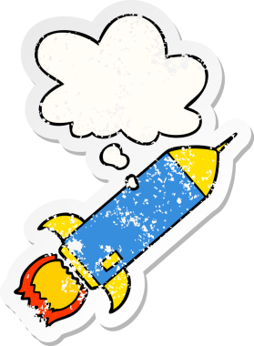 Düşünce baloncuklu çizgi film roketi insan tarafından çizilmiş yıpranmış bir çıkartma gibi.