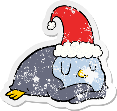 Bir insan tarafından çizilmiş noel şapkası giyen bir penguen karikatürü.