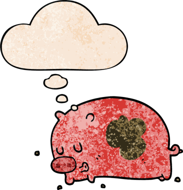 Düşünce baloncuğu olan sevimli çizgi film domuzu. Bir insan tarafından çizilmiş grunge desen tarzı.