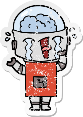 Bir insan tarafından çizilmiş, karikatür ağlayan robot çıkartması.