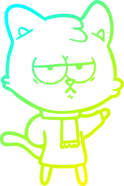 Bir insan tarafından çizilmiş kışlık kıyafetlerle sıkılmış çizgi film kedisinin soğuk çizgi çizimi.