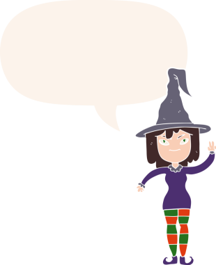 Konuşma baloncuğu olan çizgi film cadısı bir insan tarafından çizilmiş.