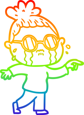 Gökkuşağı gradyan çizgi çizimi. Bir insan tarafından çizilmiş gözlük takan ağlayan bir kadın.