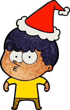 Bir insan tarafından çizilmiş Noel Baba şapkası giyen meraklı bir çocuğun el çizimi karikatürü.