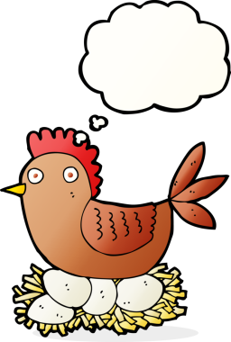 Bir insan tarafından çizilmiş düşünce baloncuklu yumurtalar üzerinde çizgi film tavuğu.