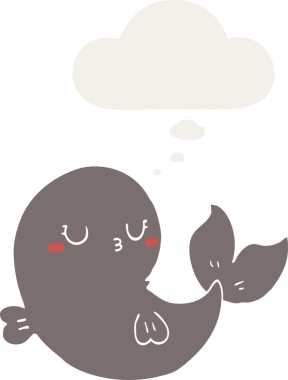 Düşünce baloncuğu olan sevimli bir balina insan tarafından çizilmiş.