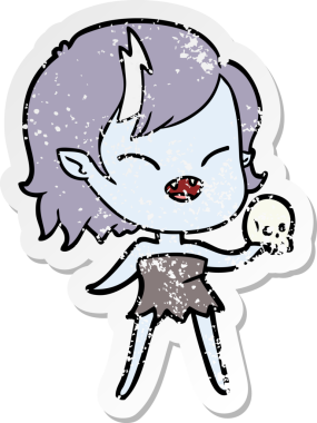 Bir insan tarafından çizilmiş kafatası olan gülen vampir bir kızın sıkıntılı çıkartması.