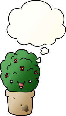 Bir insan tarafından çizilmiş yumuşak eğimli düşünce baloncuğu ile tencereye konan karton çalı.