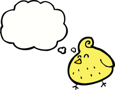 Bir insan tarafından çizilmiş düşünce baloncuklu çizgi film kuşu.