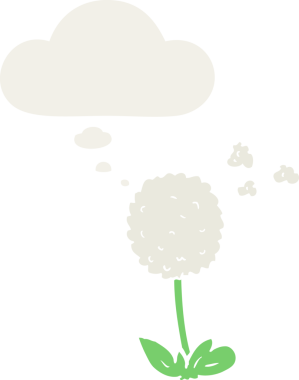 Düşünce baloncuğu olan karikatür çiçeği insan tarafından çizilmiş.