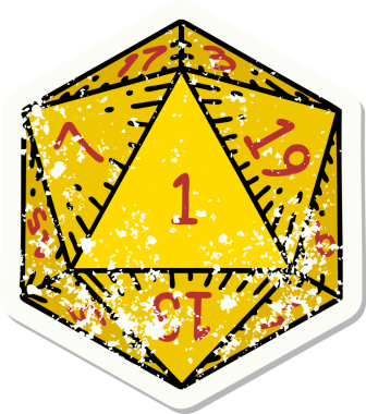 Bir insan tarafından çizilmiş 1 D20 zarının grunge sticker 'ı