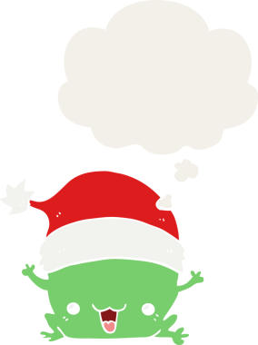 Bir insan tarafından çizilmiş düşünce baloncuğu olan şirin bir çizgi roman noel kurbağası.