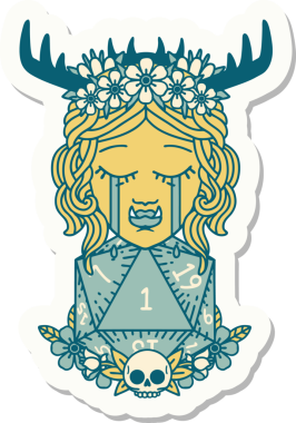 Hüzünlü yarı ork bir Druid karakterinin çıkartması. Bir insan tarafından çizilmiş doğal bir zar.