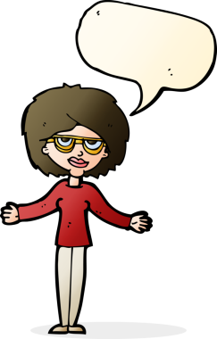 Bir insan tarafından çizilmiş konuşma balonlu gözlük takan çizgi film kadını.