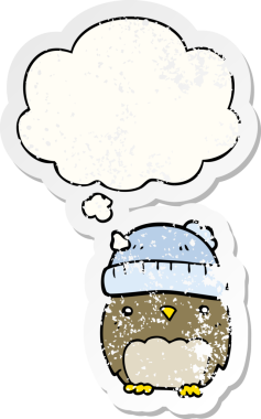 Düşünce baloncuklu şapkalı sevimli baykuş, bir insan tarafından çizilmiş yıpranmış bir çıkartma.