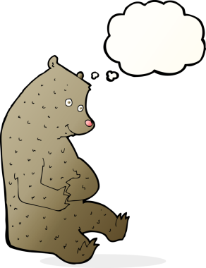 Bir insan tarafından çizilmiş düşünce baloncuklu mutlu ayı çizgi filmi.