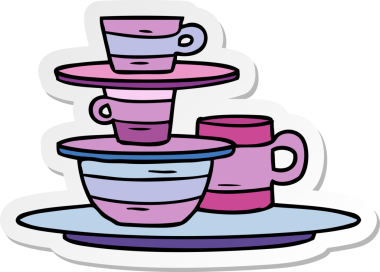 Bir insan tarafından çizilmiş renkli kâseler ve tabaklar çizilmiş el yazısı karikatürü.