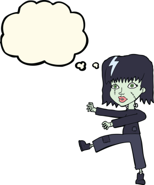 Bir insan tarafından çizilmiş düşünce balonlu zombi kız.