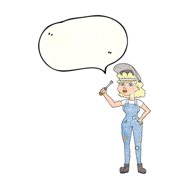 Bir insan tarafından çizilmiş serbest konuşma balonu desenli karikatür kadın tamirci