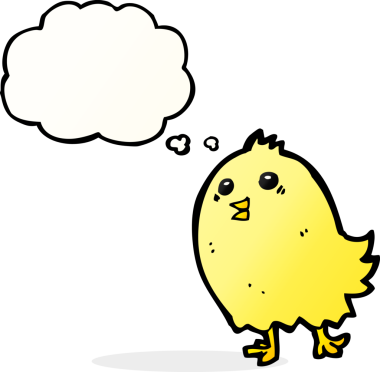 Bir insan tarafından çizilmiş düşünce baloncuklu mutlu sarı kuş.