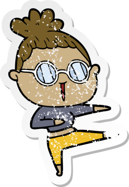 Bir insan tarafından çizilmiş gözlük takan karikatürlü bir kadının sıkıntılı çıkartması.