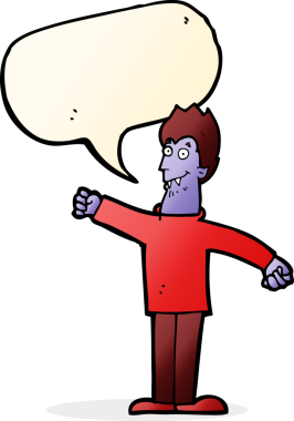 Bir insan tarafından çizilmiş konuşma balonlu mutlu vampir çizgi filmi.