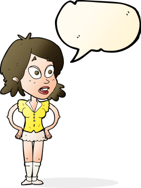 Bir insan tarafından çizilmiş konuşma balonlu elleri olan çizgi film kadını.