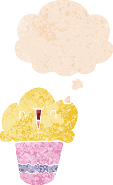 Yüzünde düşünce kabarcığı olan, grunge 'da sıkıntılı eski moda bir insan tarafından çizilmiş çizgi film keki.