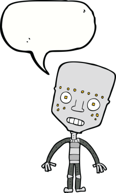 Bir insan tarafından çizilmiş konuşma balonu olan çizgi film robotu.
