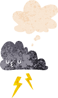 Düşünce baloncuklu çizgi film fırtına bulutu grunge sıkıntılı retro dokuma tarzı bir insan tarafından çizilmiş