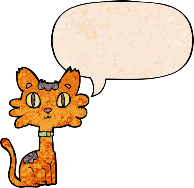 Konuşma baloncuğu olan çizgi film kedisi insan tarafından çizilmiş eski moda dokular.