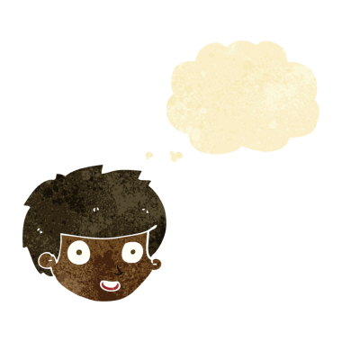 Bir insan tarafından çizilmiş düşünce balonlu mutlu çocuk yüzü.