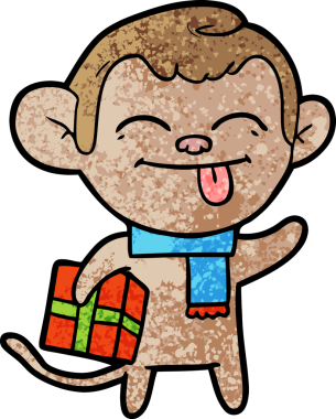 Bir insan tarafından çizilmiş Noel hediyeli komik çizgi film maymunu.